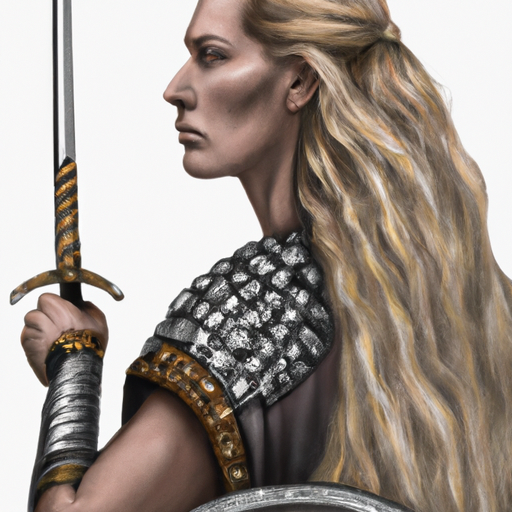 Photo-realistic depiction of a fierce Viking warrior woman in intricate armor, wielding a sword and carrying a longbow on her back. She has long, flowing blonde hair and her face has some masculine lines. Her determined expression conveys her wrath and readiness to engage in battle.